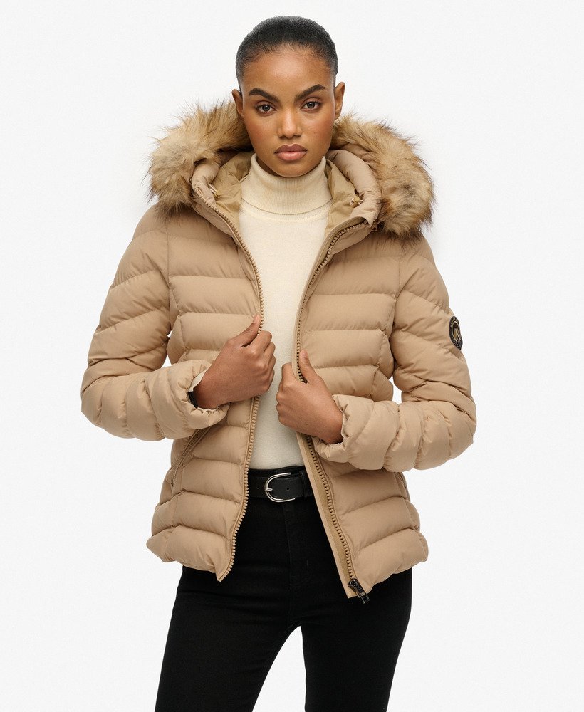 womens Fuji Faux Fur Hood Padded Jacket in Shaker Beige | Superdry UK