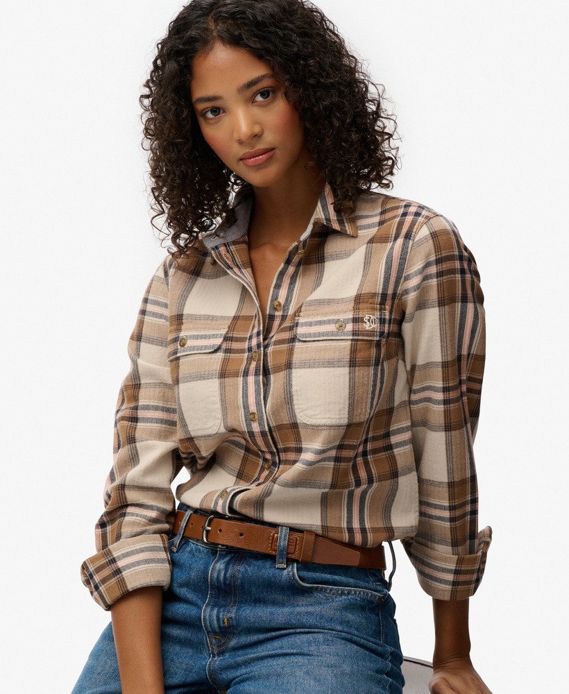 womens Lumberjack Check Flannel Shirt in Beige/Cream Check