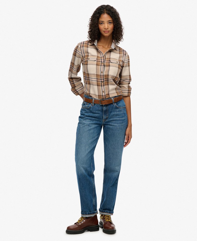 womens Lumberjack Check Flannel Shirt in Beige/Cream Check