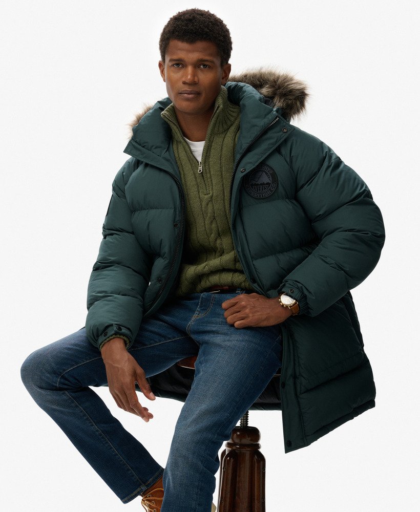 mens Everest Longline Baffled Parka in Deep Forest Green | Superdry US