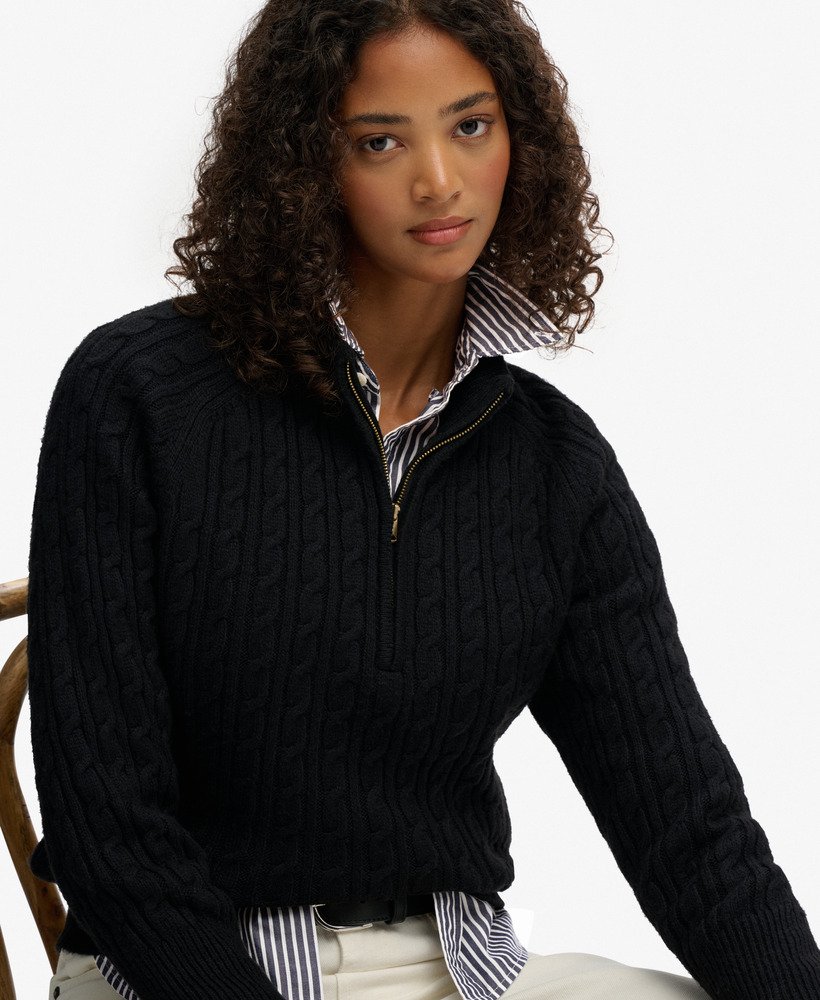 womens Brushed Cable Knit Henley Jumper in Black | Superdry UK