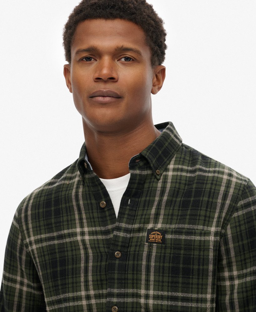mens Long Sleeve Cotton Lumberjack Shirt in Frontier Check Olive