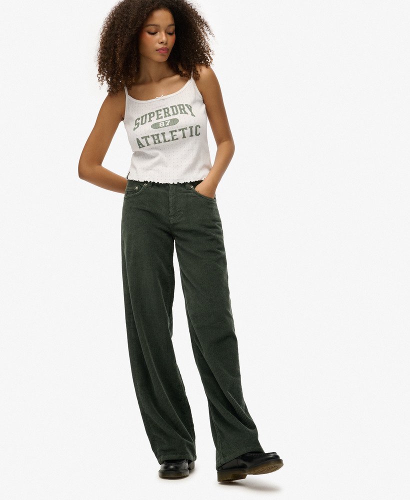 womens Mid Rise Baggy Jumbo Cord Pants in Deep Forest Green