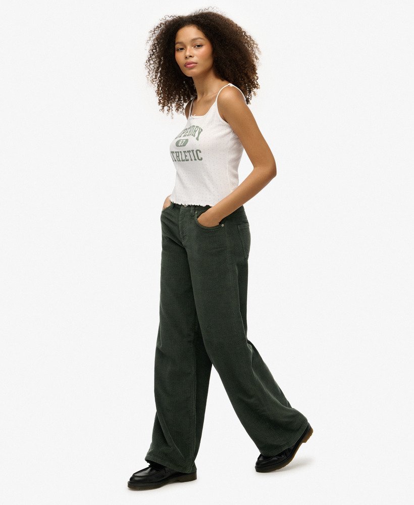 womens Mid Rise Baggy Jumbo Cord Pants in Deep Forest Green