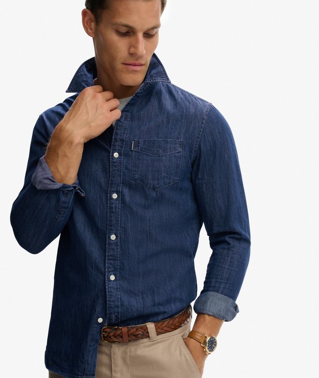 mens Essential Long Sleeve Denim Shirt in RINSE WASH Superdry UK — free download