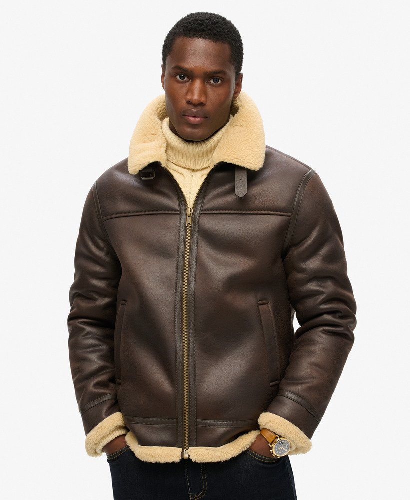 mens Faux Shearling Aviator Jacket in DARK BROWN | Superdry US