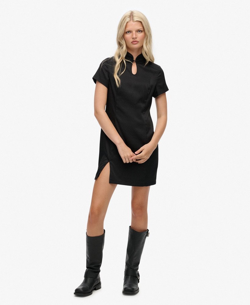 Mandarin Mini Dress - BeigeTrellis