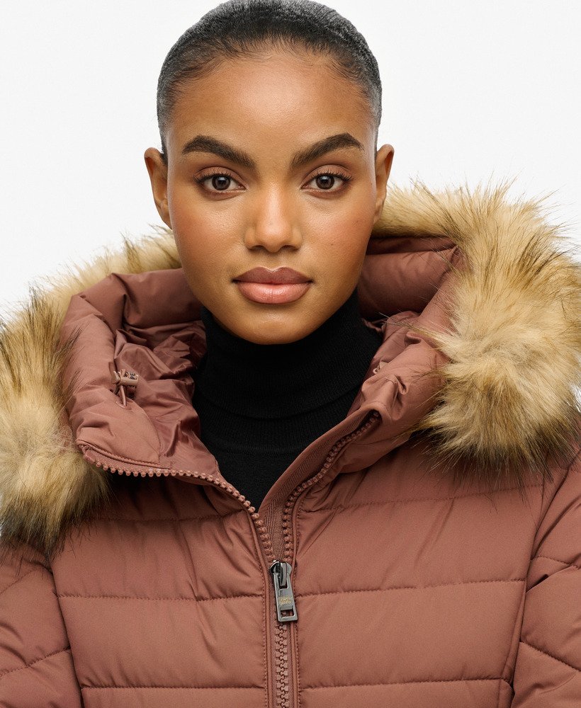 womens Fuji Faux Fur Hooded Mid Length Coat in Nutmeg Spice Brown