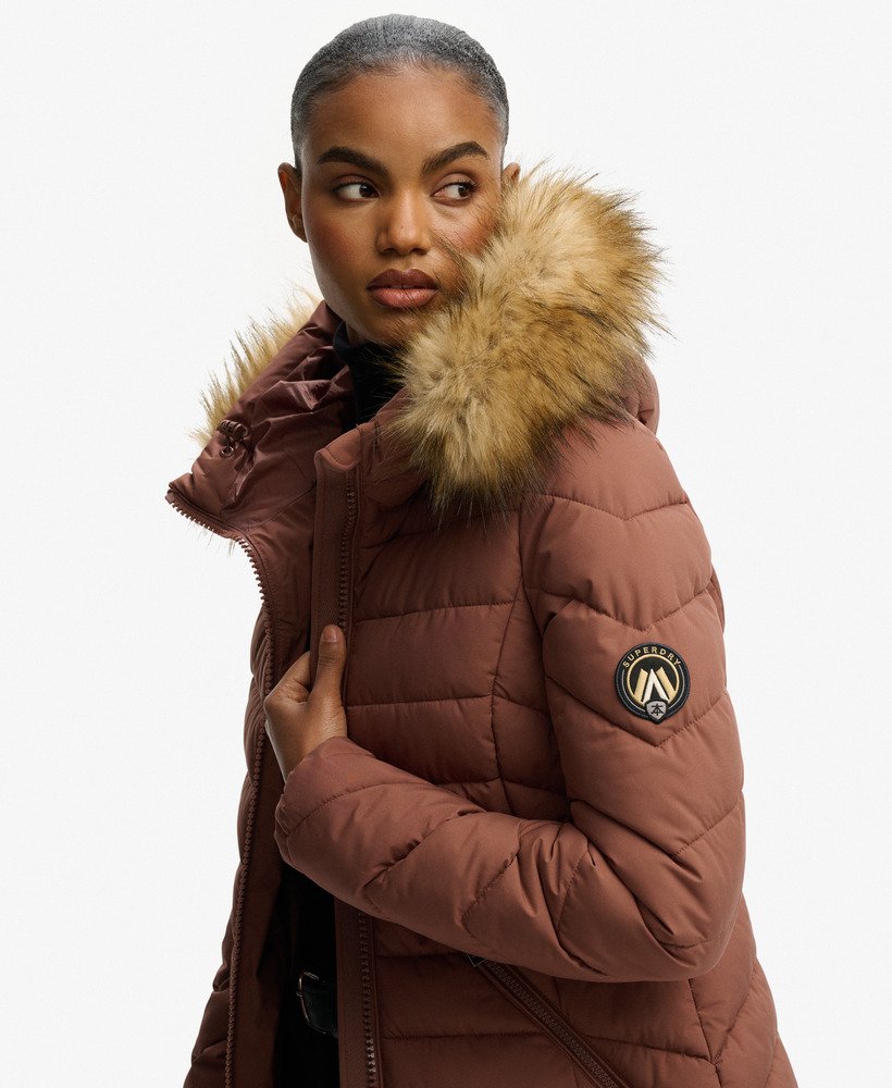 womens Fuji Faux Fur Hooded Mid Length Coat in Nutmeg Spice Brown