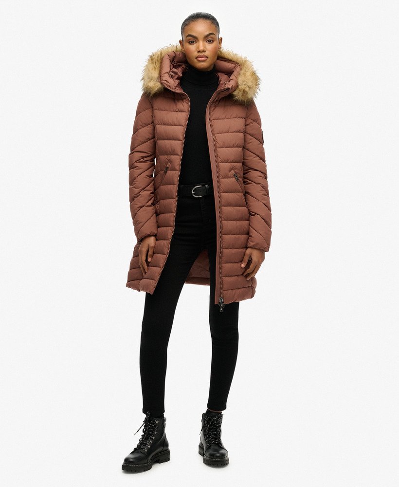 womens Fuji Faux Fur Hooded Mid Length Coat in Nutmeg Spice Brown