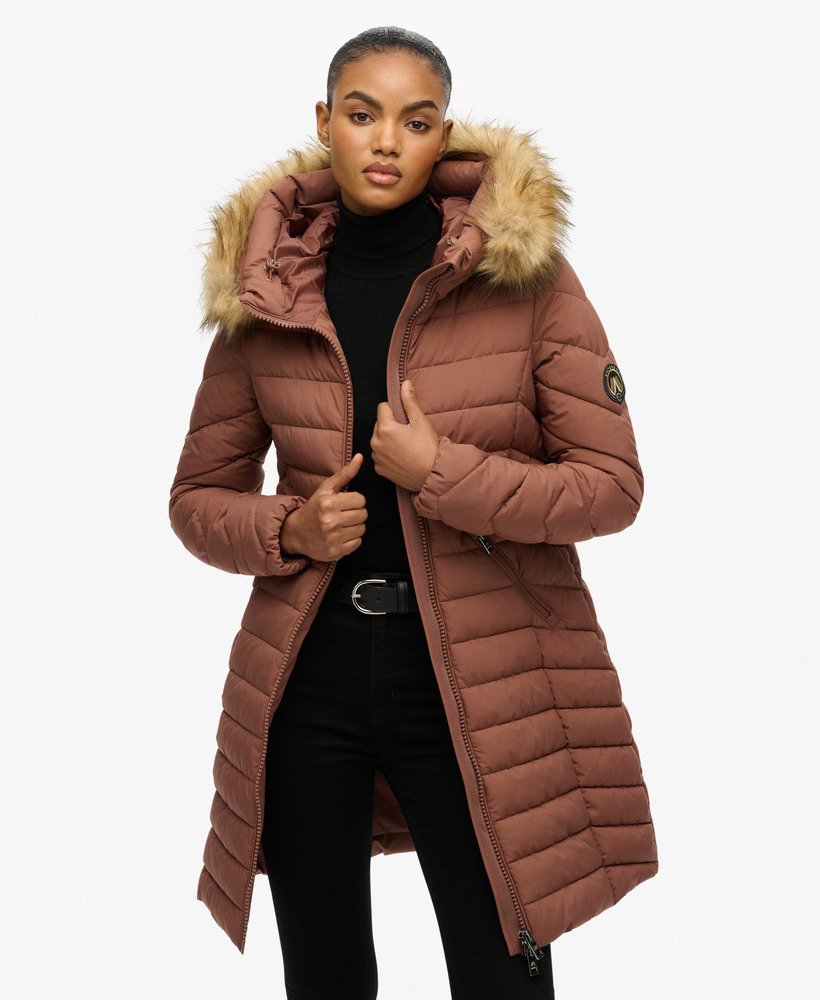 womens Fuji Faux Fur Hooded Mid Length Coat in Nutmeg Spice Brown