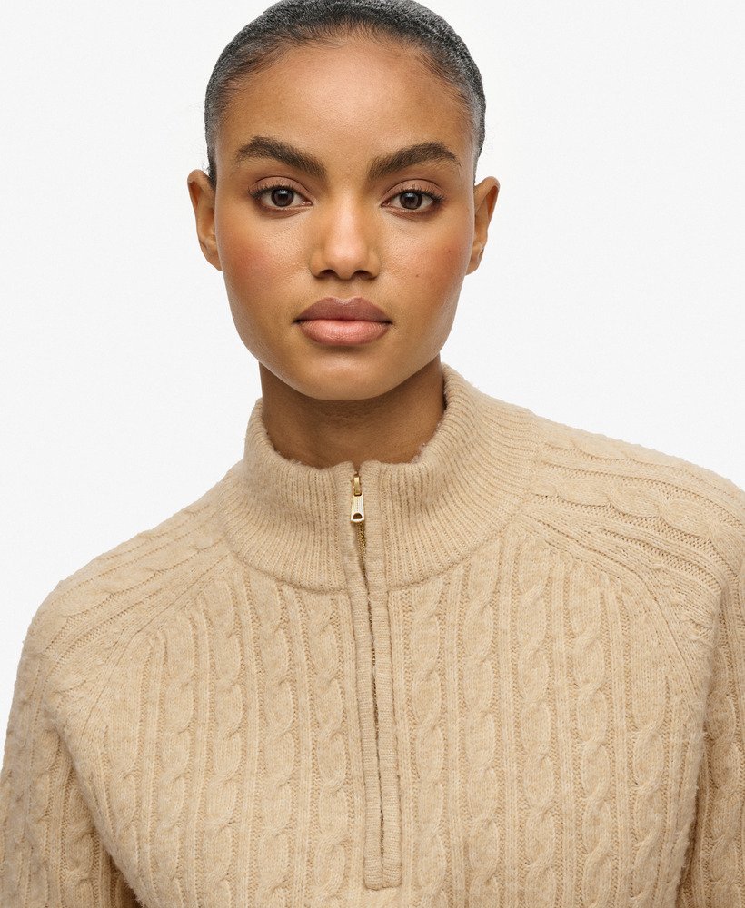 womens Brushed Cable Knit Henley Jumper in Safari Beige Marl