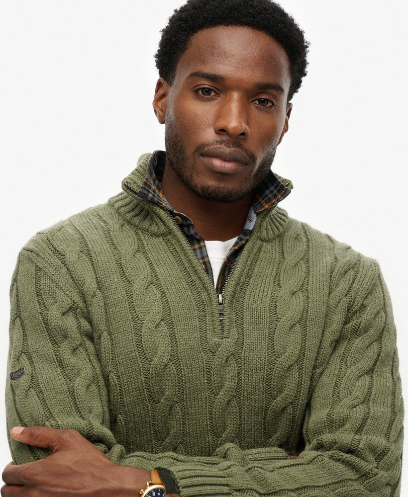 mens Jacob Cable Knit Half Zip Jumper in Moss Green | Superdry US