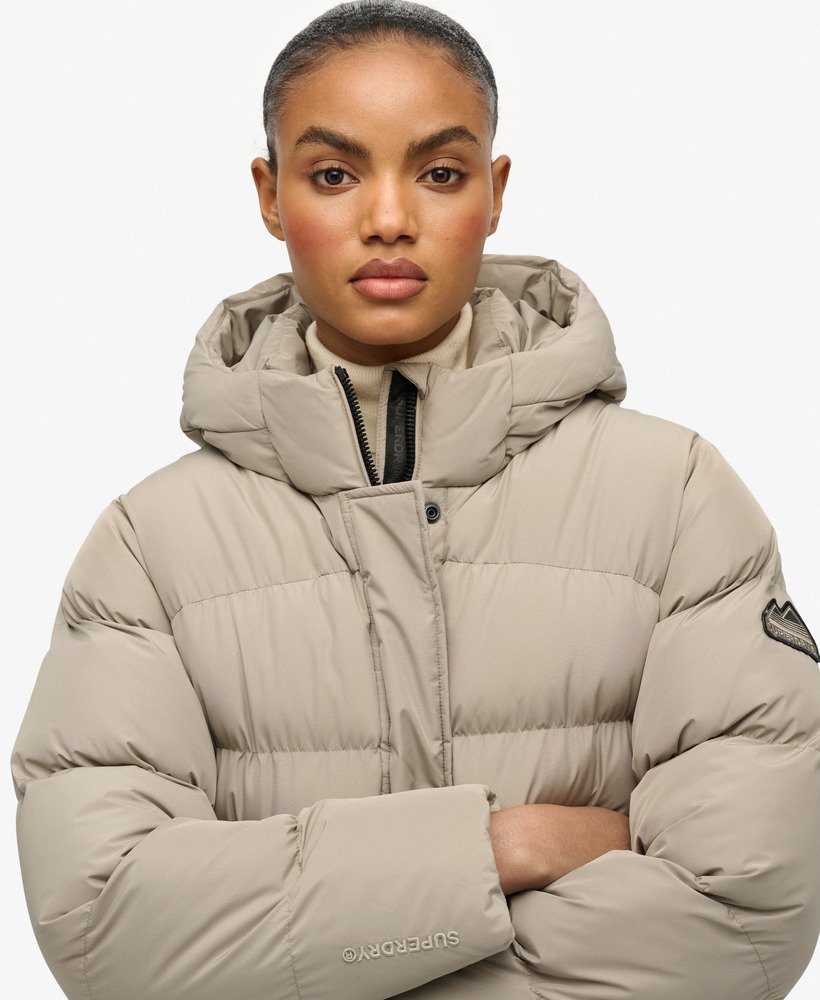 womens Hooded Sports Puffer Mid Length Jacket in Winter Twig Beige
