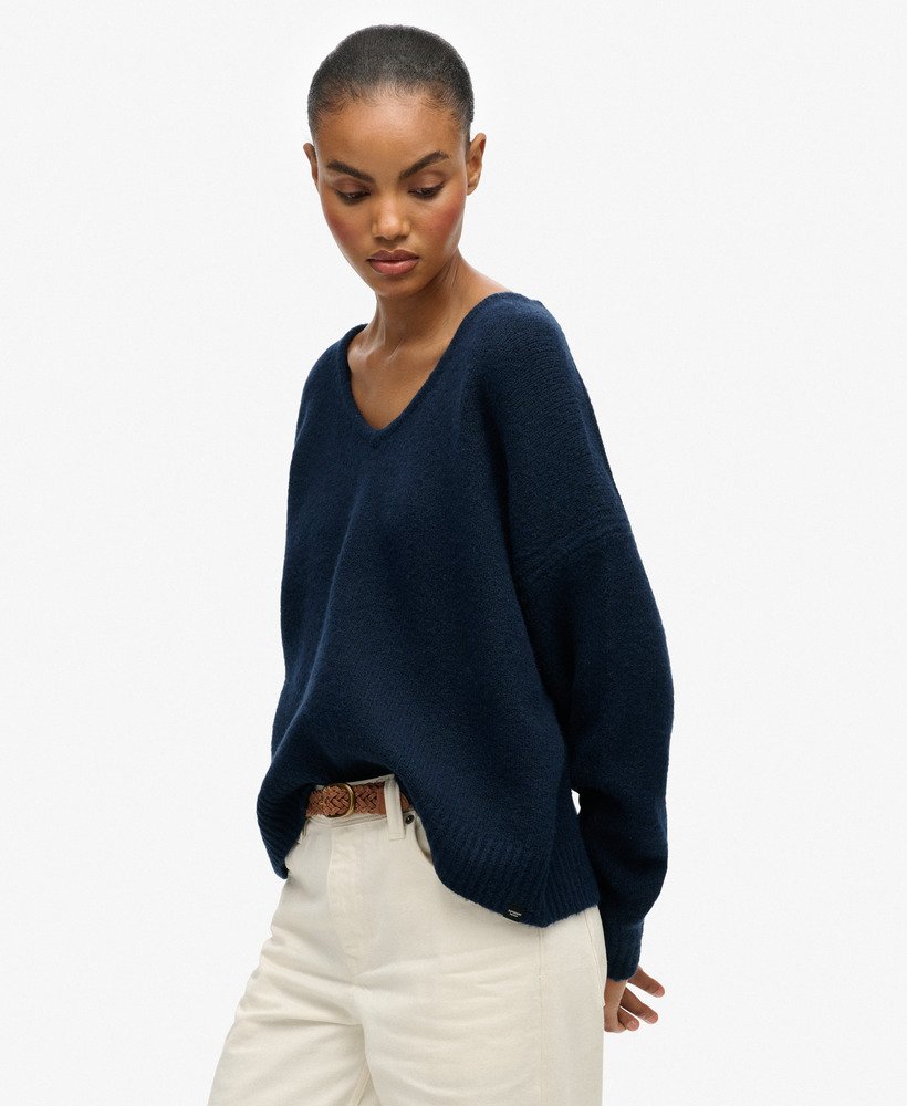 womens Brushed Oversized V Neck Jumper in Richest Navy Twist