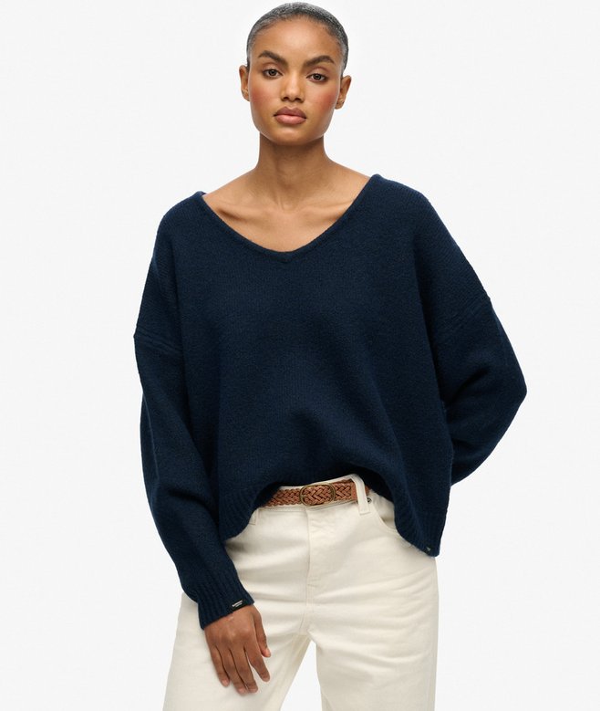 womens Brushed Oversized V Neck Jumper in Richest Navy Twist