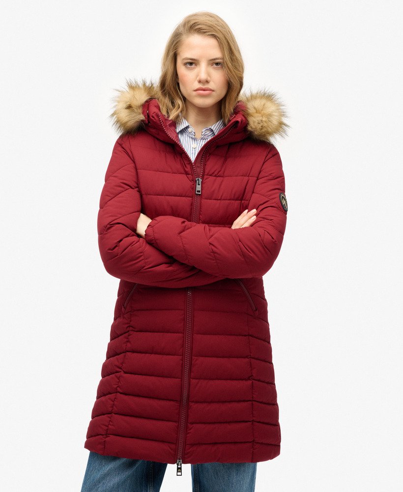 womens Fuji Faux Fur Hooded Mid Length Coat in Wine Red | Superdry US