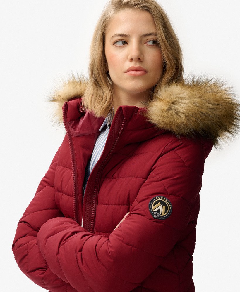 womens Fuji Faux Fur Hooded Mid Length Coat in Wine Red | Superdry US