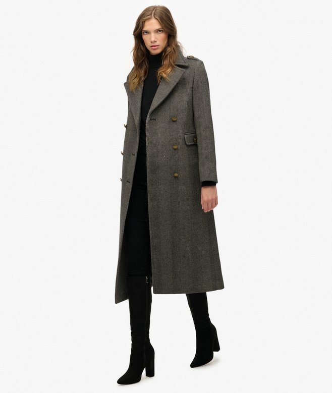 Manteau Croisé en Mélange de LaineIvoire/Chevron noir pour Femme