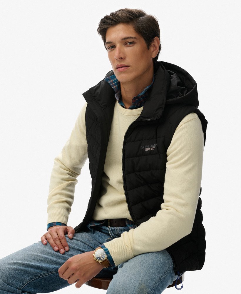 トップス rare FUGA Black Coated Draped Gilet mens Hooded Fuji Padded Gilet in Black | Superdry US