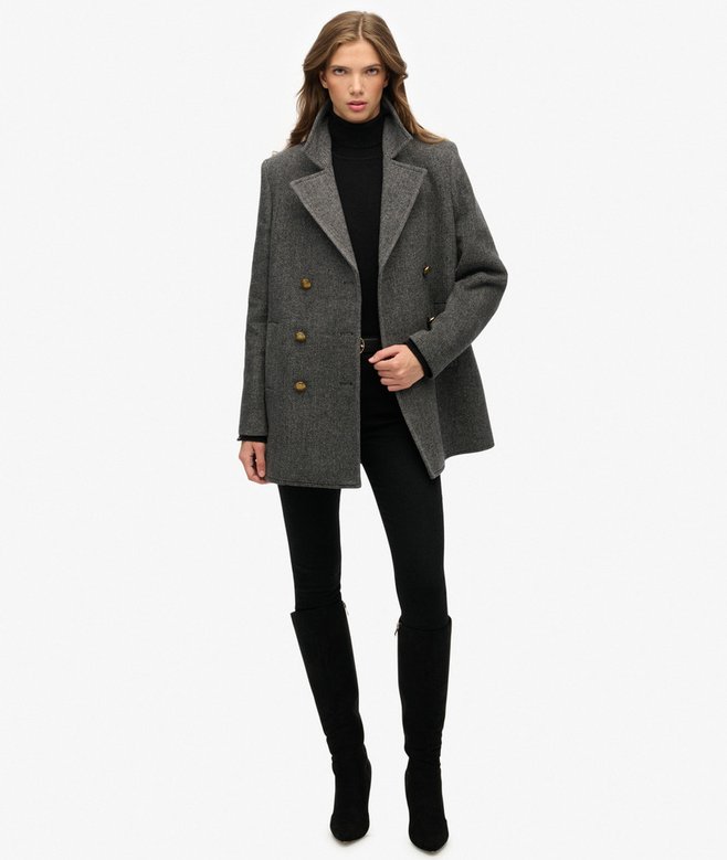 womens Double Breasted Pea Coat in CHARCOAL HERRINGBONE | Superdry UK