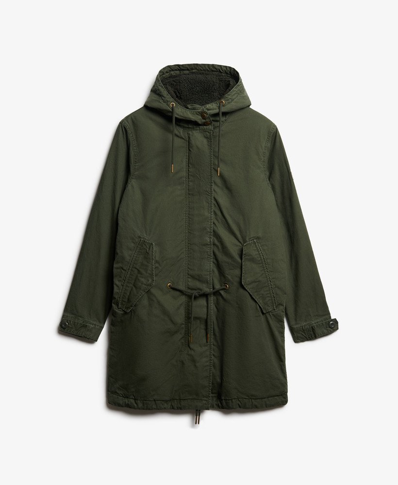 womens Military Borg Fishtail Parka Coat in Army Khaki | Superdry