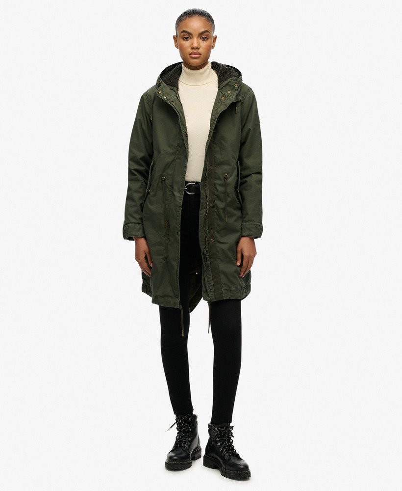 womens Military Borg Fishtail Parka Coat in Army Khaki | Superdry