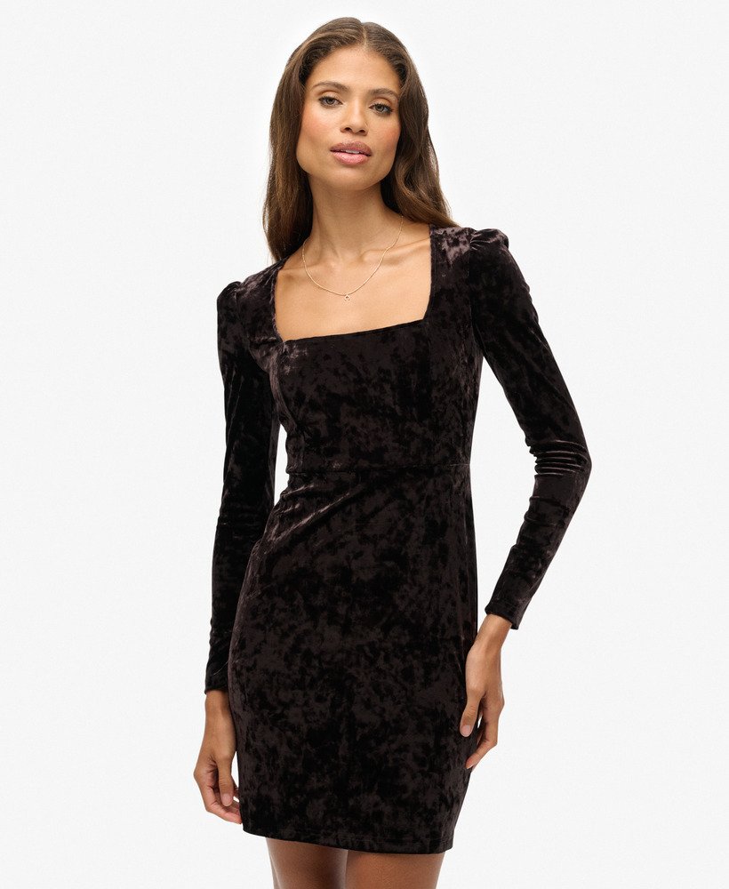 womens Velvet Square Neck Mini Dress in Blackbean | Superdry IE
