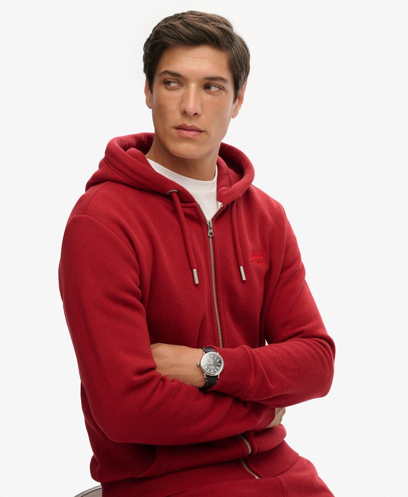 mens Vintage Logo Embroidered Zip Hoodie in Track Red Marl