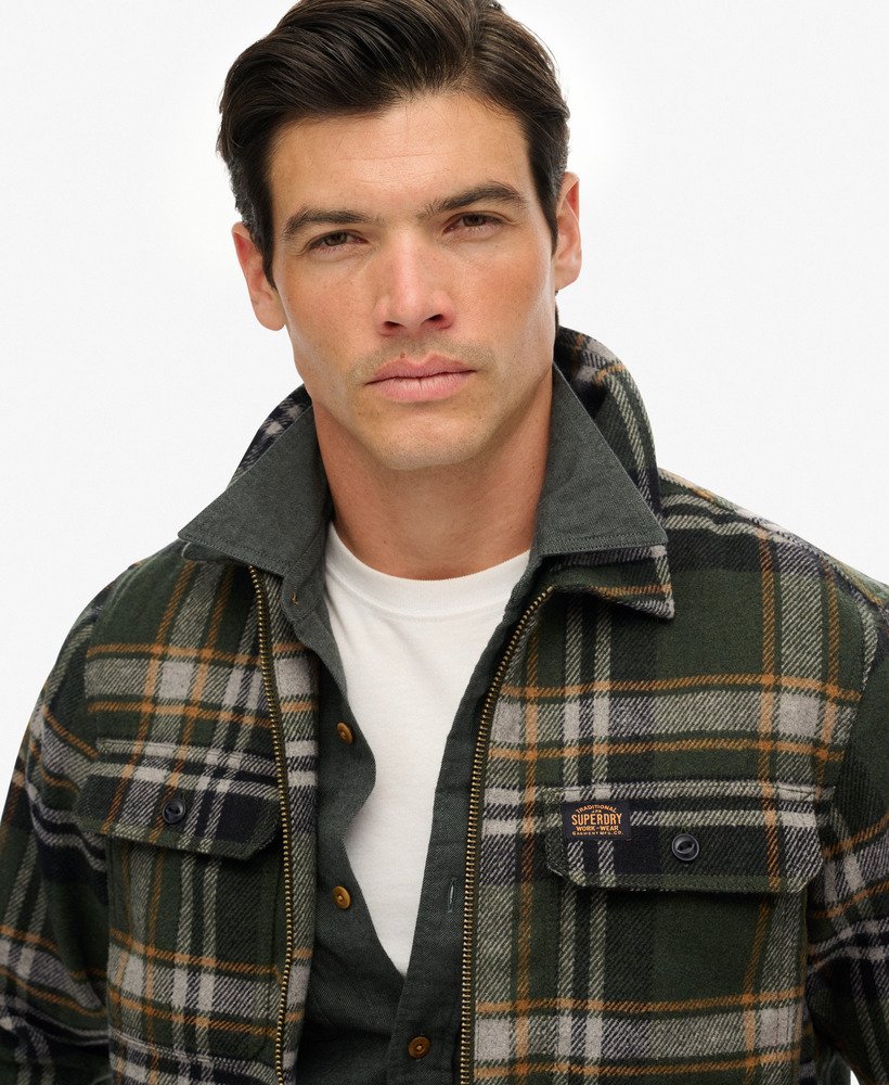 mens Wool Blend Miller Zip Overshirt in Buckshot Check Olive