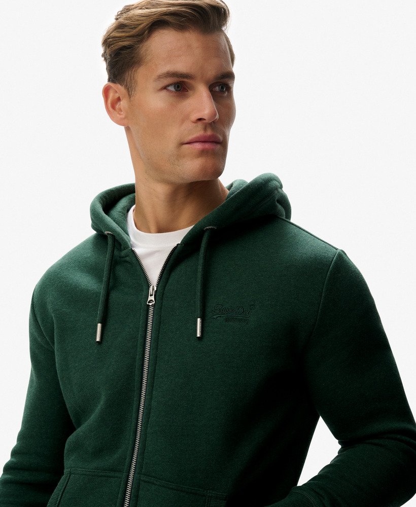 mens Vintage Logo Embroidered Zip Hoodie in Campus Green Marl