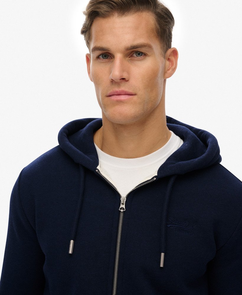 mens Vintage Logo Embroidered Zip Hoodie in Rich Navy Marl