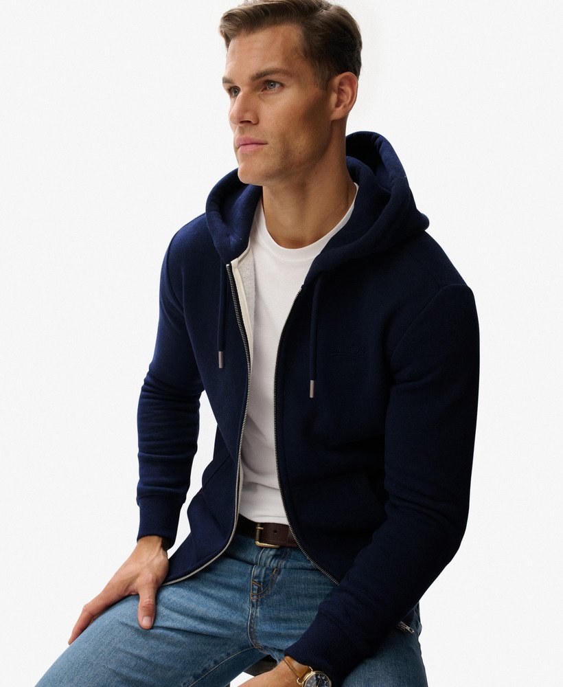 mens Vintage Logo Embroidered Zip Hoodie in Rich Navy Marl