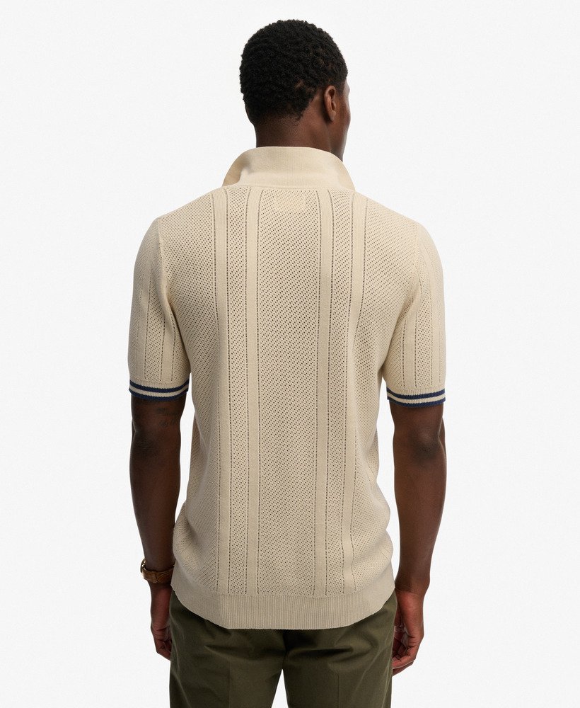 mens Knitted Texture Short Sleeve Polo Shirt in Oatmeal Beige