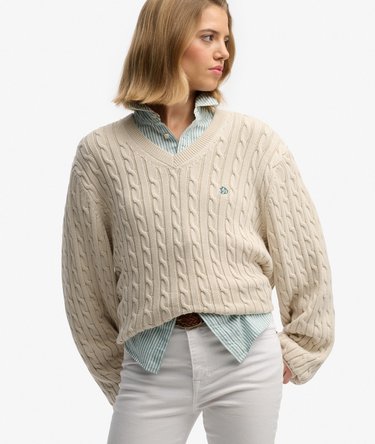 Oversized V Neck Cable Jumper Image 2