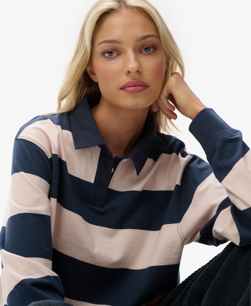 womens Athletic Essentials Cropped Stripe Rugby Top in Classic Navy ...