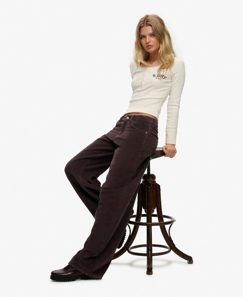 womens Mid Rise Baggy Jumbo Cord Pants in Dark Oak Brown