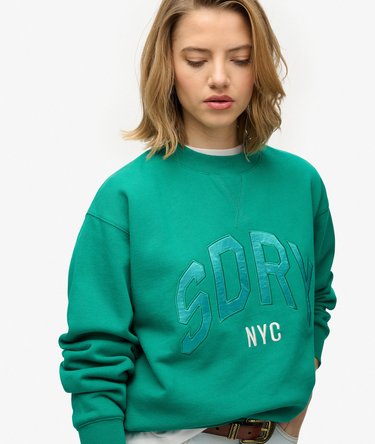 Varsity Satin Applique Crew Sweatshirt Image 2