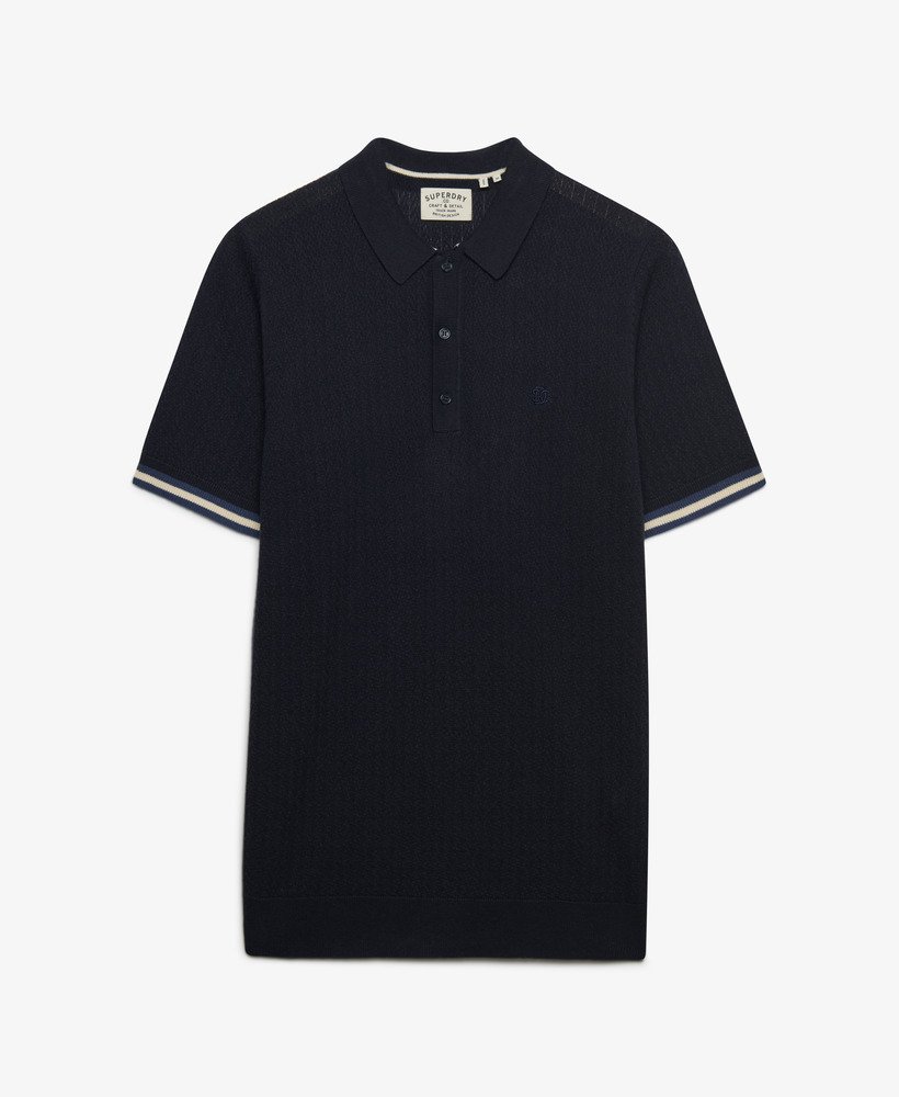 mens Knitted Texture Short Sleeve Polo Shirt in Classic Navy Stag