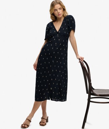 Printed Button Short Sleeve Midi Tea Dress Image 2