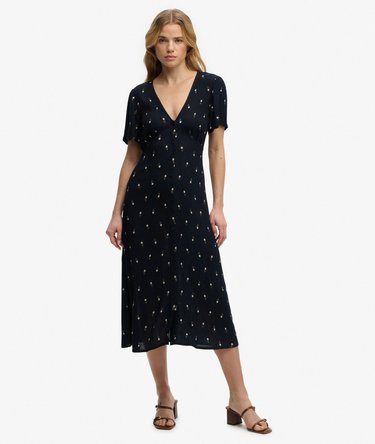 Printed Button Short Sleeve Midi Tea Dress Image 1