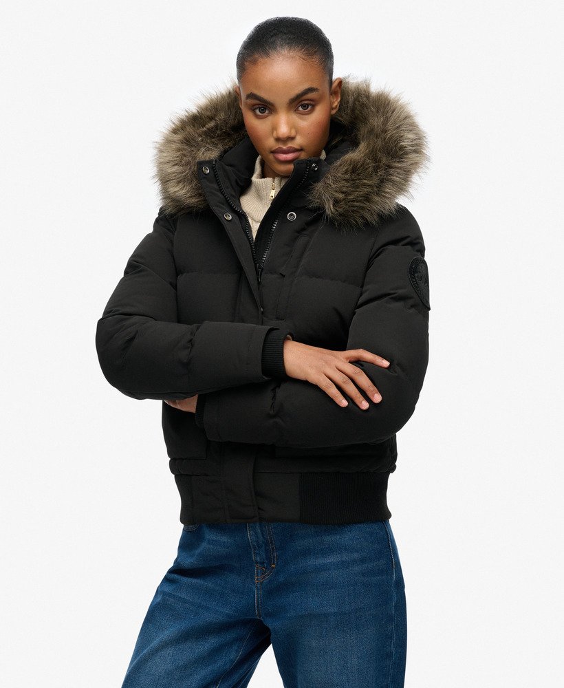 womens Everest Hooded Bomber Jacket in JET BLACK | Superdry US