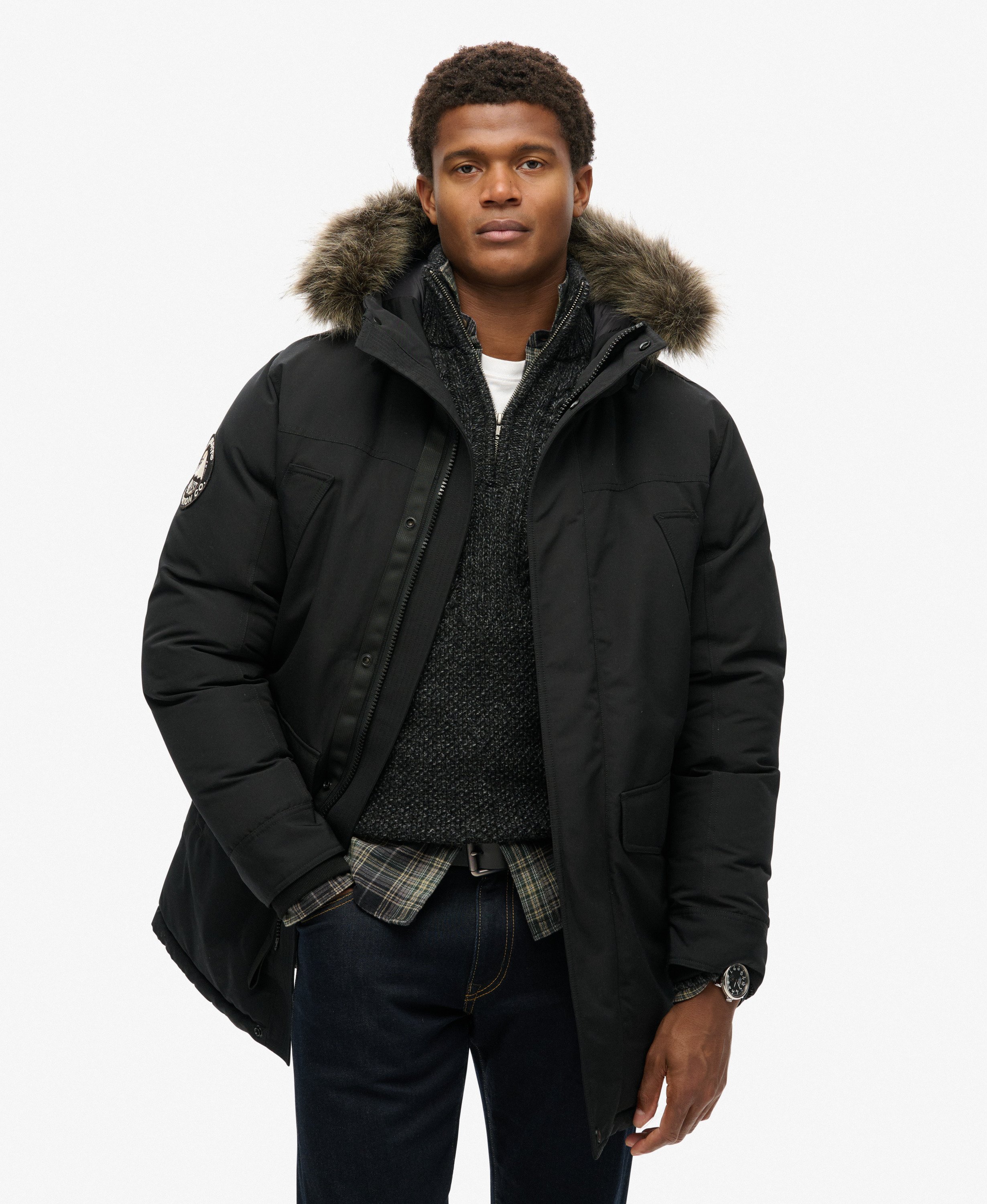 mens Everest Faux Fur Parka Jacket in JET BLACK | Superdry US