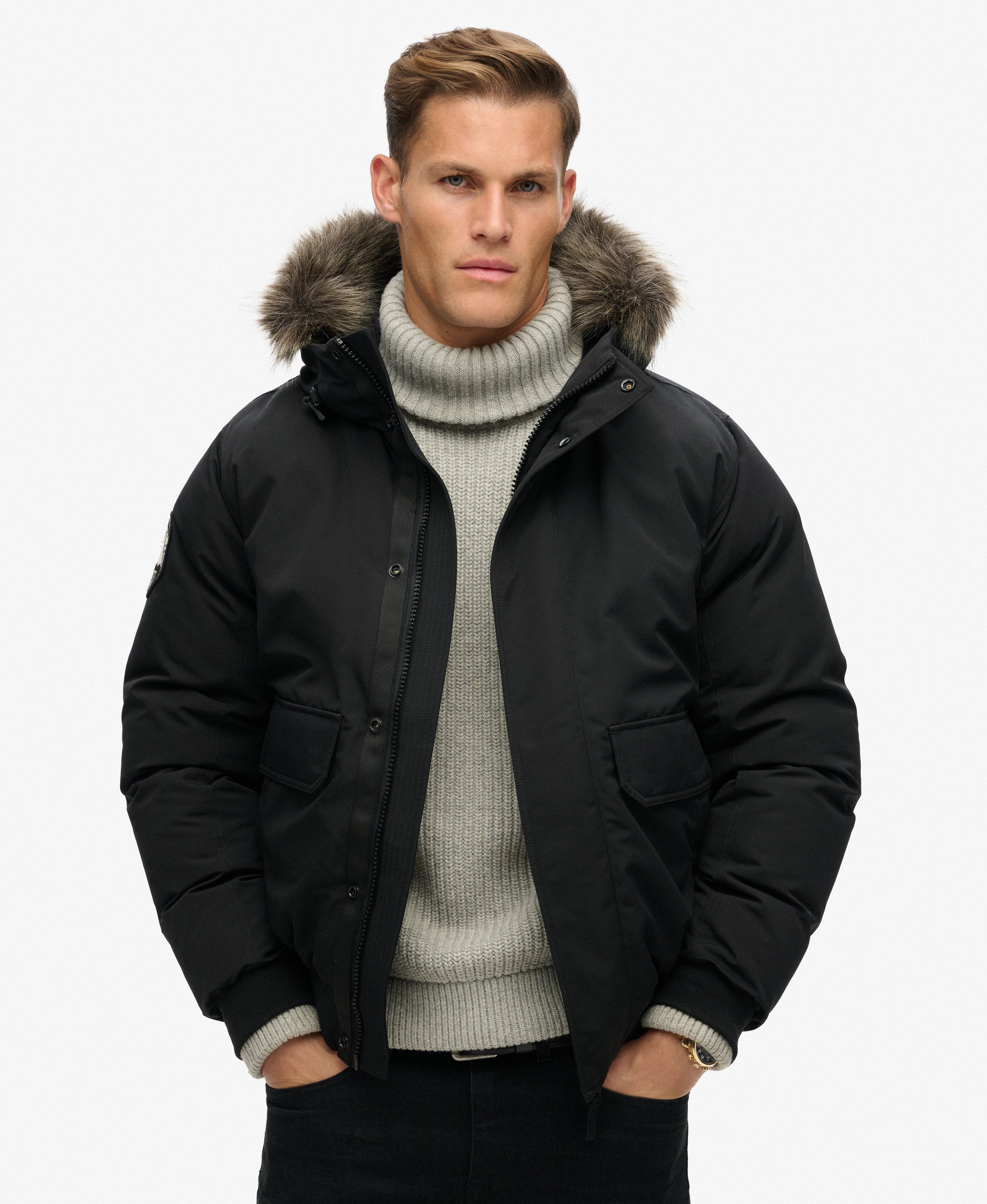 mens Everest Faux Fur Bomber Jacket in JET BLACK | Superdry CA-EN