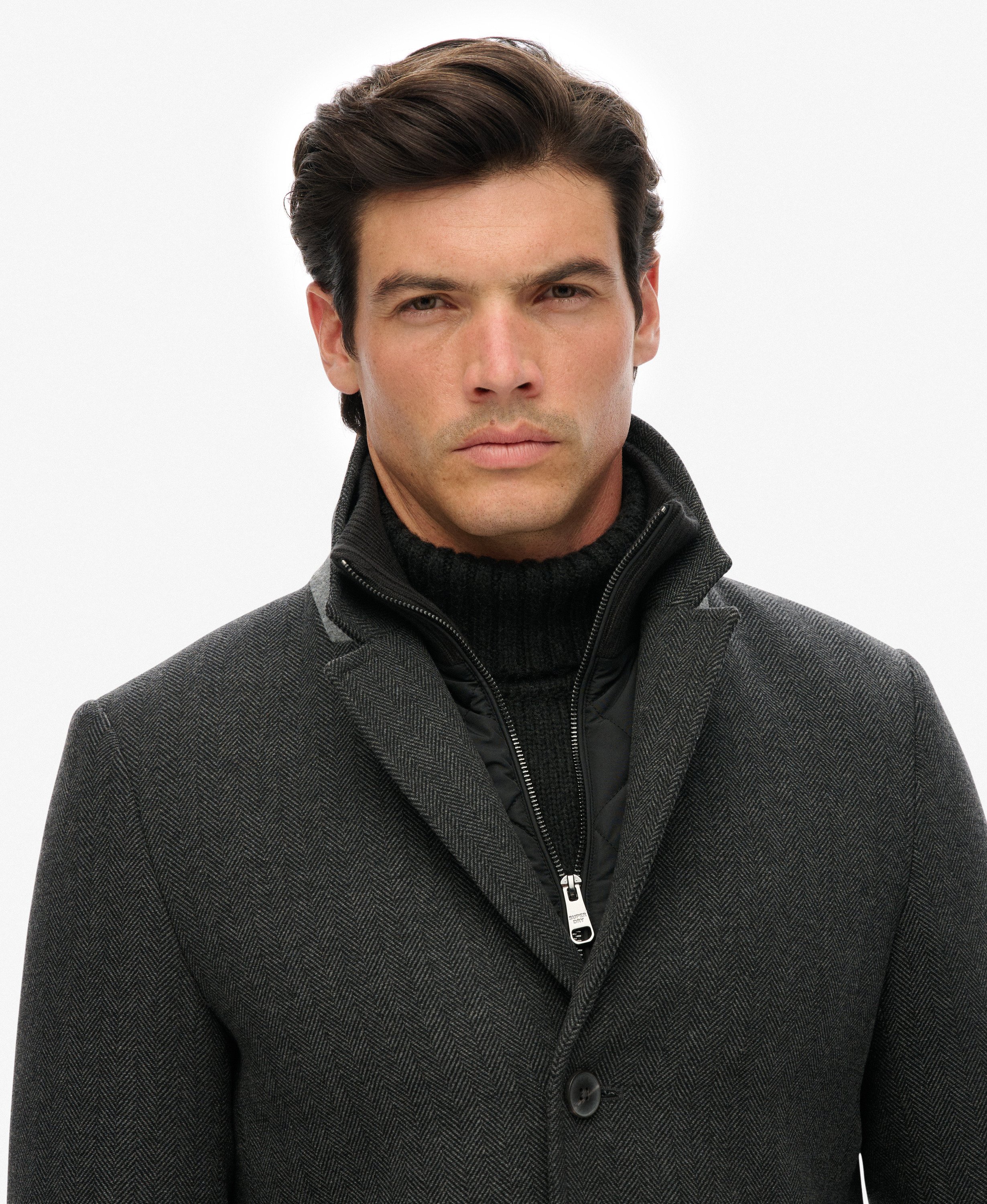 mens Tailored Two-in-One Town Coat in Dark Grey Herringbone