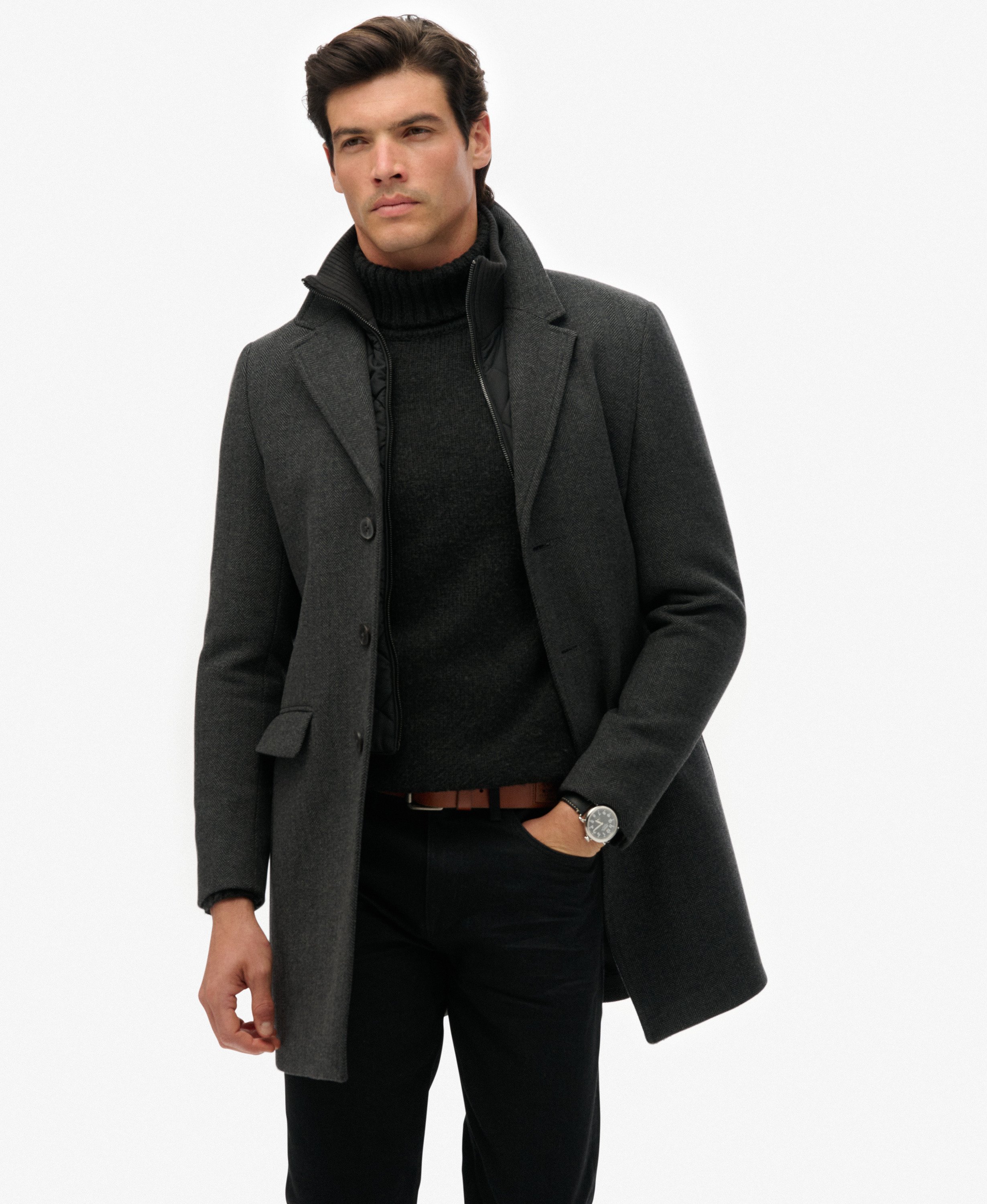 mens Tailored Two-in-One Town Coat in Dark Grey Herringbone