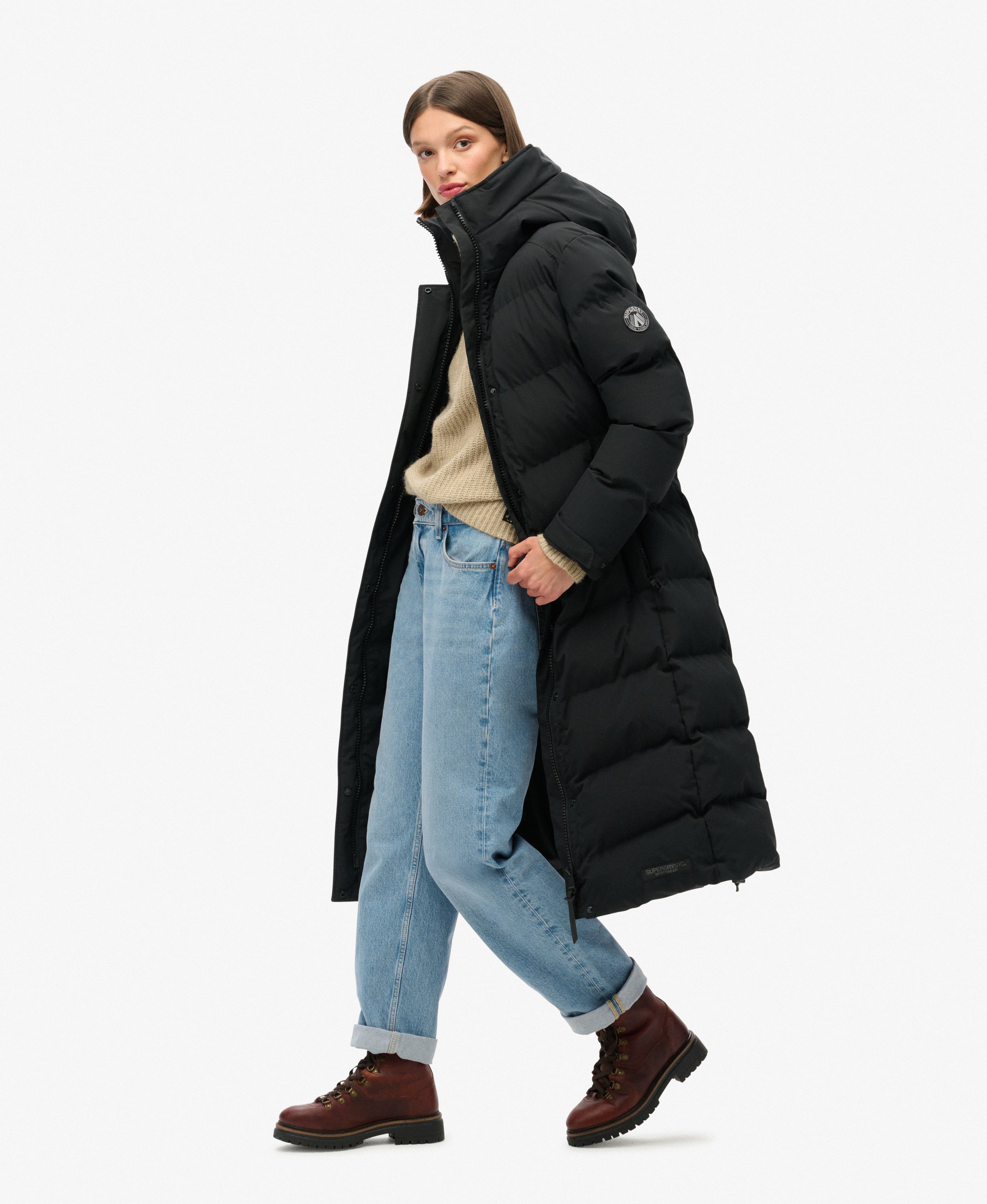 womens City Chevron Padded Longline Coat in Black | Superdry UK