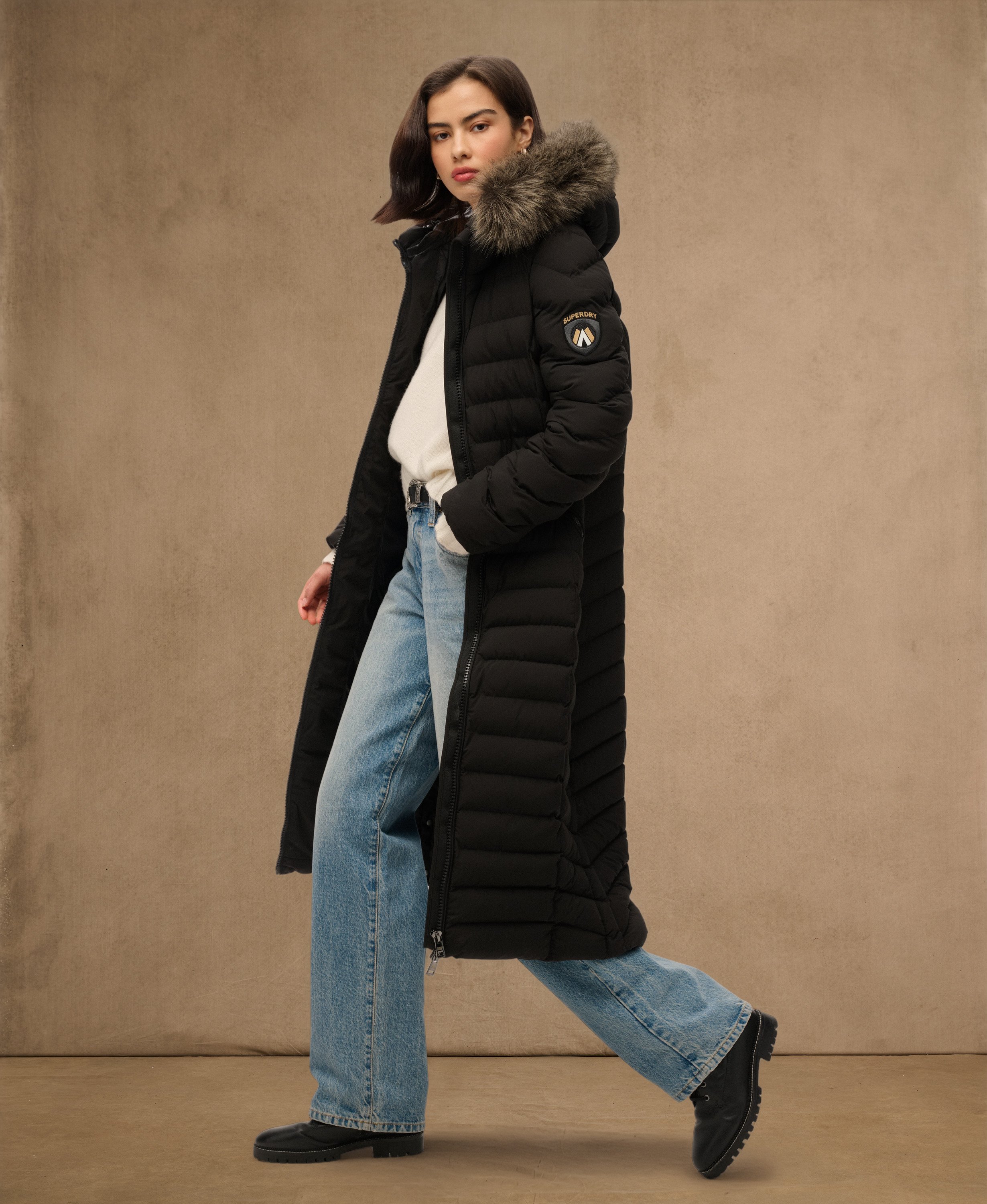 womens Fuji Faux Fur Hooded Longline Jacket in Black | Superdry US