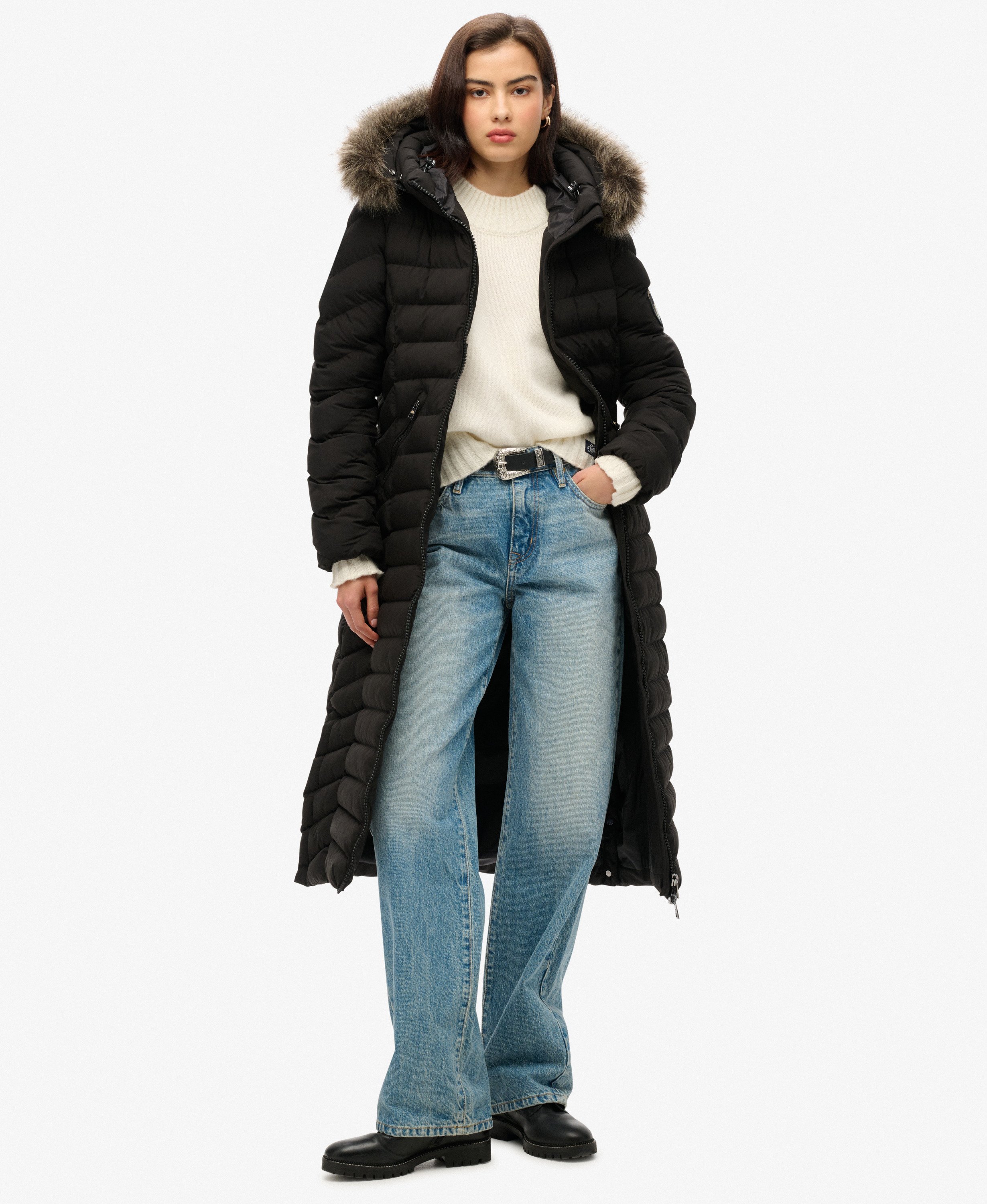 womens Fuji Faux Fur Hooded Longline Jacket in Black | Superdry US