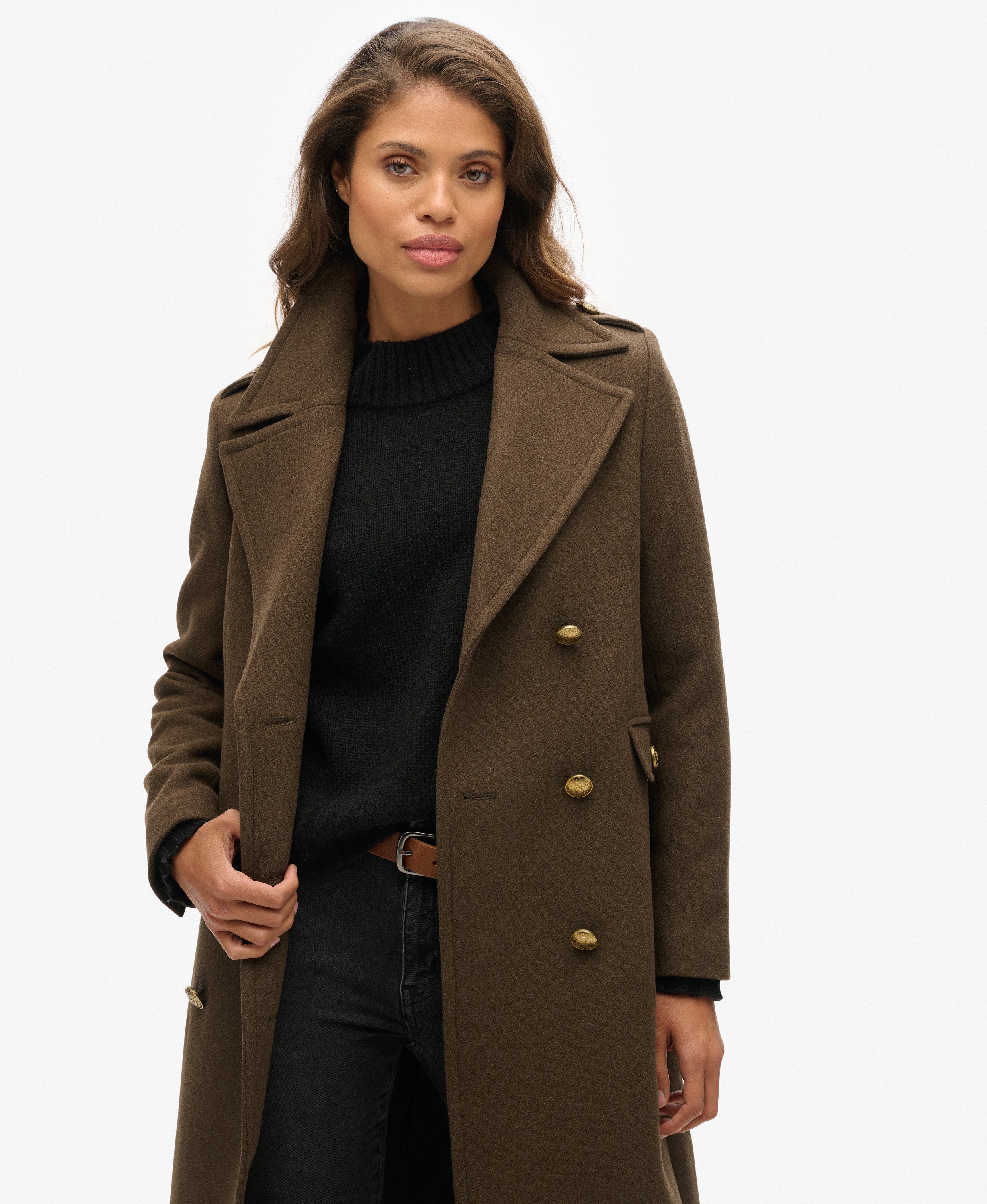 【tyページ】未使用級　WOOL DOUBLE BREASTED COAT womens Double Breasted Wool Blend Coat in Deep Khaki Green